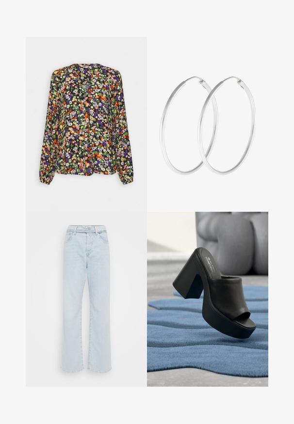 Langärmelige Bluse mit lebhaftem orange-, violett-, grün- und weißfarbenem Blumenmuster auf schwarzem Hintergrund, mit kragenlosem Ausschnitt.; Hellblaue Denim-Hosen mit weit geschnittenem Bein und hoher Taille, fünf Taschen und standardmäßigen Nähten. Mit einem Knopf- und Reißverschluss zum Schließen.; Schwarzer Plateau High Heel Mule mit offenem Zehenbereich, liegend auf einem blau strukturierten Teppich mit verschwommenem grauem Mobiliar im Hintergrund.; Silberfarbene Creolen mit einer glatten, runden Form und einer polierten Oberfläche. Beide Ohrringe haben die gleiche Größe und verfügen über einen sicheren Verschlussmechanismus.