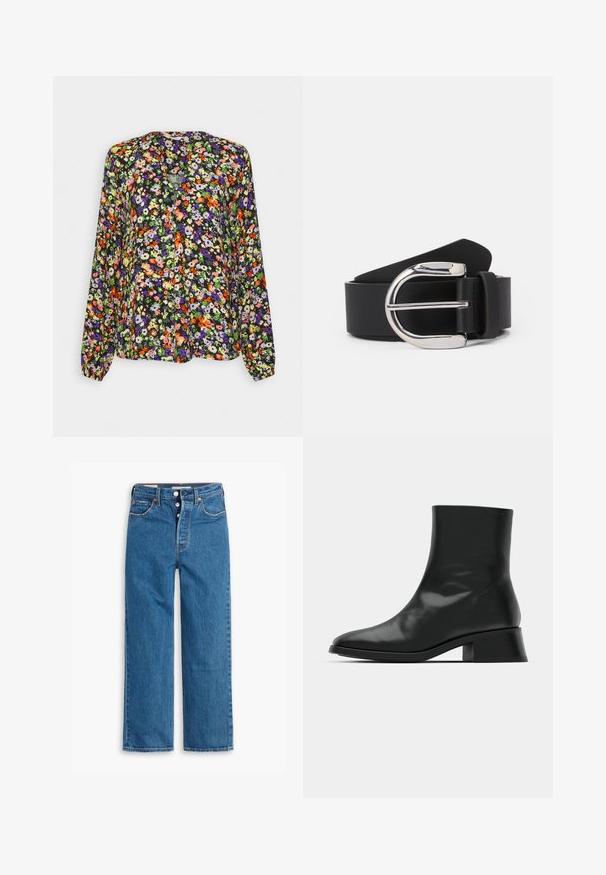 Blouse met lange mouwen en een levendig oranje, paars, groen en wit bloemmotief op een zwarte achtergrond, met een kraagloze halslijn.; Blauwe denim jeans met rechte pijpen en hoge taille, vijf zakken en een knoopsluiting. Merkbare stiksels en koperen klinknagels.; Zwarte enkelboot van glanzend leer, met een slank ontwerp, spitse neus en een gematigde blokhak voor stabiliteit.; Zwarte leren riem met een zilveren metalen gespan, met een gladde textuur en een klassiek ontwerp. De riem heeft een breedte van 3,8 cm.
