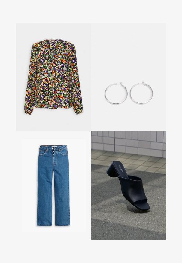 Langärmelige Bluse mit lebhaftem orange-, violett-, grün- und weißfarbenem Blumenmuster auf schwarzem Hintergrund, mit kragenlosem Ausschnitt.; Blaue Denim-Jeans mit geradem Bein, hoher Taille, fünf Taschen und Knopfverschluss. Auffällige Nähte und Nieten in Kupferfarbe.; Schwarzer offener Leder-Mule mit Blockabsatz, auf Asphalt nahe einer gefliesten Fläche positioniert.; sweet deluxe EARRING - Ohrringe - silver-coloured