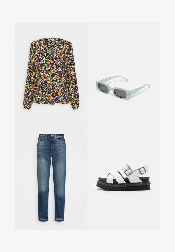 Langärmelige Bluse mit lebhaftem orange-, violett-, grün- und weißfarbenem Blumenmuster auf schwarzem Hintergrund, mit kragenlosem Ausschnitt.; Weekday ROWE EXTRA HIGH - Jeans Straight Leg - vintage blue; Weiße Leder-Sandalen mit verstellbaren Schnallenriemen, geschichteter schwarzer Plateausohle und orangefarbener Naht entlang der Kante.; Ein Paar rechteckige Sonnenbrillen mit lichtblauen, halbtransparenten Rahmen und dunkelgrauen Gläsern, ausgestattet mit geraden Bügeln und minimalen Hardware-Details.