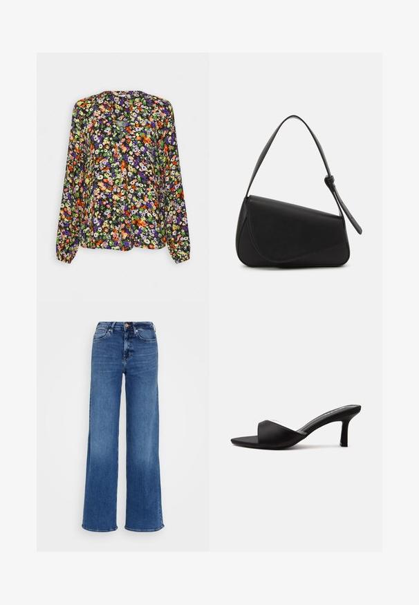 Blusa de manga larga con vibrante estampado floral en naranja, morado, verde y blanco sobre fondo negro, con escote sin cuello.; Pantalones vaqueros azul de pierna ancha, fabricados en mezclilla, con cintura alta, cinco bolsillos y cierre de botón. Detalles sutiles de desvanecimiento y costura visibles.; Zapato mule negro de punta abierta con tacón delgado de altura media y una amplia correa en la parte delantera, mostrado de lado sobre un fondo liso.; Bolso de mano de cuero negro con forma triangular, tapa en ángulo y un asa superior redondeada. Presenta una textura suave y detalles de diseño minimalistas.