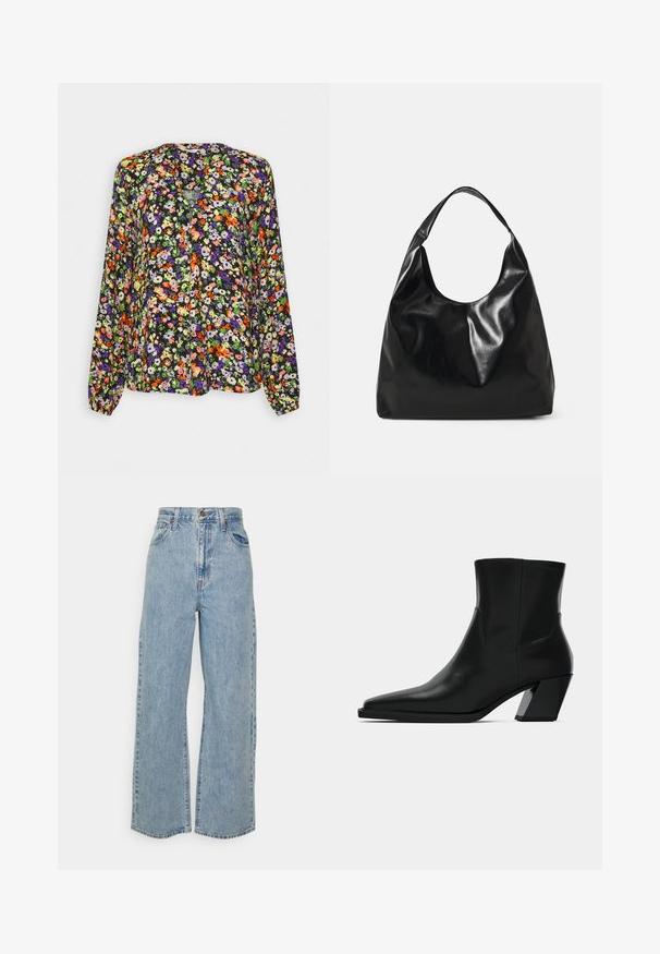 Langærmet bluse med livligt orange, lilla, grøn og hvidt blomsterprint på sort baggrund, med kravefri halsudskæring.; Lyseblå vidde denimjeans med høj talje, frontknap, lynlås og femlomme-design på ensfarvet baggrund.; Sortlæder ankelstøvle med spids tå, en slank silhuet og en kraftig firkantet hæl. Glat tekstur med minimale stikninger.; Sort læder hobo taske med en blød, skinnende tekstur og en rund, åben top. Har en bred, buet strop til bæring. Ingen synlig hardware.