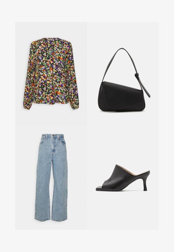 Langärmelige Bluse mit lebhaftem orange-, violett-, grün- und weißfarbenem Blumenmuster auf schwarzem Hintergrund, mit kragenlosem Ausschnitt.; Hellblaue, weit geschnittene Jeans mit hoher Taille, vorderem Knopf, Reißverschluss und Fünf-Taschen-Design auf neutralem Hintergrund.; Selected ASHLEY - Pantolette hoch - black; Schwarze Lederhandtasche mit dreieckiger Form, schrägem Klappdeckel und rundem Oberhandgriff. Verfügt über eine glatte Textur und minimalistische Designdetails.