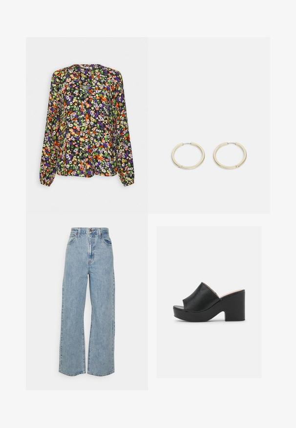 Langærmet bluse med livligt orange, lilla, grøn og hvidt blomsterprint på sort baggrund, med kravefri halsudskæring.; Lyseblå vidde denimjeans med høj talje, frontknap, lynlås og femlomme-design på ensfarvet baggrund.; Sorte læder open-toe mules har et bredt forreste strop og en chunky, høj platformhæl med en glat tekstur. Vist fra siden.; Guldtonede metaløreringe med en glat, poleret overflade og en sikker lukning, der har et minimalistisk, cirkulært design.