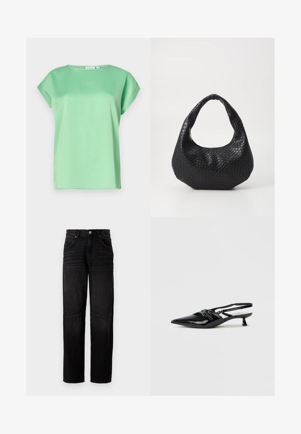 Blouse mint green à manches courtes avec un col rond et un tissu lisse et léger. Présente une coupe ample et de subtils fentes sur les côtés.; Jean en denim noir avec une coupe droite, un style à cinq poches, une fermeture boutonnée et des détails légèrement décolorés au niveau des cuisses et des genoux.; Chaussure slingback en cuir verni noir avec bout pointu, petit talon carré et bride ajustable ornée de détails découpés et d'accents logo.; Sac à main tissé noir avec une poignée courbée, présentant une surface texturée et une forme décontractée. Fini lisse avec une silhouette organique.