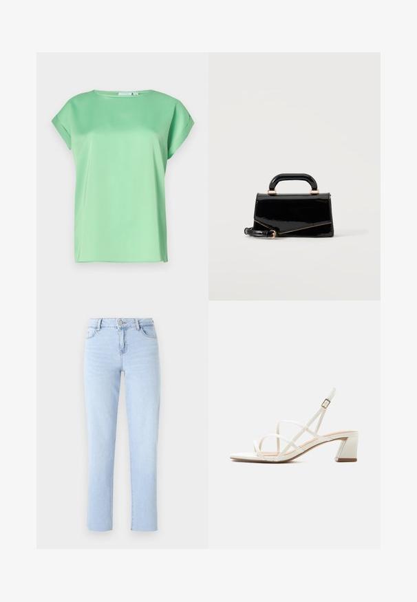 Mintgrøn kortærmet bluse med rund udskæring og blødt, let stof. Har en løs pasform og diskrete sideslids.; Lyseblå lige ben jeans lavet af denim, med en standard talje, fem lommer og subtile sømdetaljer.; Hvid åben tå sandal med tre tynde remme, justerbar ankelspænde og blokhæl på en enkel lysegrå baggrund.; Sort blank rektangulær håndtaske med topstrop, guldfarvet hardware og aftagelig rem, placeret på en ensfarvet lys baggrund.