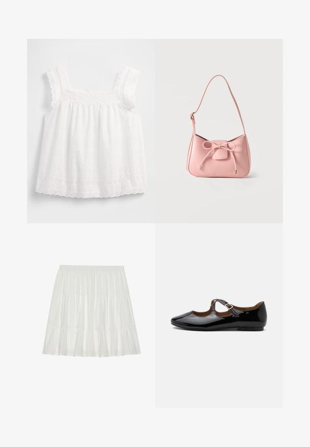 Haut blanc sans manches avec un design plissé, des bords festonnés et des motifs floraux en broderie ajourée, avec des détails délicats le long des bretelles.; Jupe blanche à volants avec une finition texturée. Dotée d'une taille élastique et de volants superposés, créant une silhouette fluide.; Chaussure plate Mary Jane en cuir verni noir avec deux découpes et une bride à boucle dorée sur fond blanc.; Petit sac bandoulière rose pastel avec sangle réglable et détail nœud à l'avant avec extrémités dorées sur un fond uni.