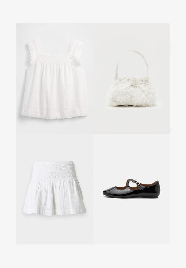 Haut blanc sans manches avec un design plissé, des bords festonnés et des motifs floraux en broderie ajourée, avec des détails délicats le long des bretelles.; Mini-jupe en coton blanc avec taille élastiquée smockée et ourlet évasé froncé sur fond uni.; Chaussure plate Mary Jane en cuir verni noir avec deux découpes et une bride à boucle dorée sur fond blanc.; Petit sac à main blanc orné de roses en tissu recouvrant le corps et d'une fine anse unique, sur un fond uni.