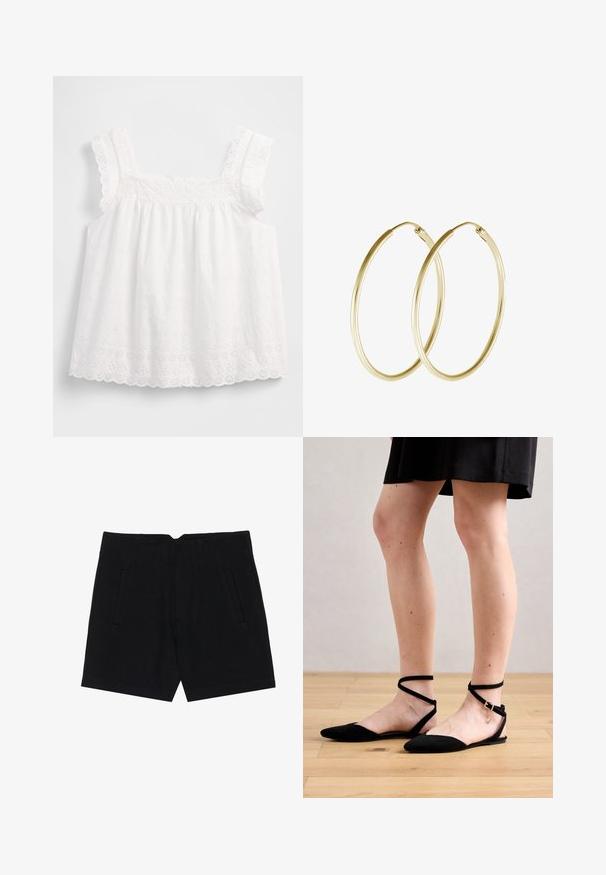 Haut blanc sans manches avec un design plissé, des bords festonnés et des motifs floraux en broderie ajourée, avec des détails délicats le long des bretelles.; Shorts noirs en tissu lisse, avec des poches latérales, une coupe ajustée et des plis structurés à l'avant pour une silhouette épurée.; Sandales plates noires en daim avec bout pointu, dotées de brides de cheville croisées et d'une fermeture à boucle. Texture lisse et design minimaliste.; Boucles d'oreilles en or en forme de cerceau, présentant un design lisse et rond avec une finition brillante. Construction légère avec un fermoir sécurisé.