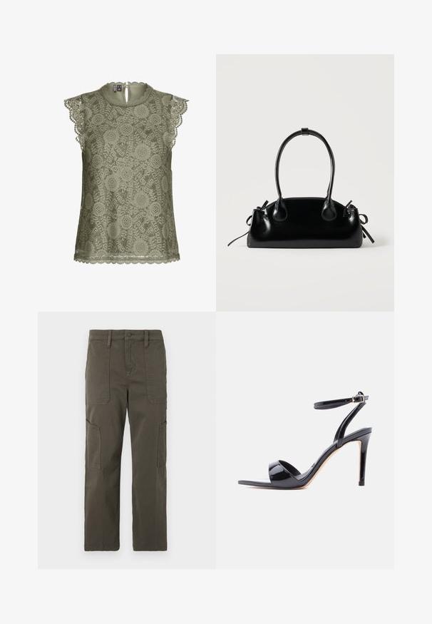 Blusa sin mangas de encaje verde oliva con patrones florales, bordes con ondas y un pequeño cierre de botón en la parte posterior del escote.; Good American CROPPED PANTS - Pantalones cargo - fatigue; Sandalia de tacón alto de charol negro con punta abierta, tira en el tobillo y cierre de hebilla, mostrada de perfil sobre un fondo blanco.; Pequeño bolso negro brillante con dos asas largas y detalles de cordón lateral sobre un fondo claro liso.