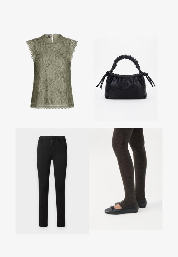 Blusa sin mangas de encaje verde oliva con patrones florales, bordes con ondas y un pequeño cierre de botón en la parte posterior del escote.; Jeans negros ajustados con una textura suave, diseño estándar de cinco bolsillos, cremallera frontal y cierre de botón. Sin patrones ni acentos visibles.; Piernas con leggings oscuros acanalados combinados con bailarinas negras que presentan pequeños detalles de lazo sobre un fondo blanco.; Bolso negro con textura de cocodrilo, borde superior fruncido, asa recogida y cordones con borlas en cada lado sobre un fondo blanco.