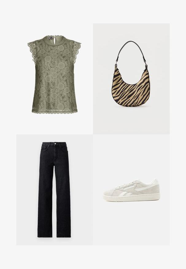 Blusa sin mangas de encaje verde oliva con patrones florales, bordes con ondas y un pequeño cierre de botón en la parte posterior del escote.; Jeans de mezclilla negros de cintura alta con cierre de botón y cremallera, bolsillos delanteros y traseros, y corte recto.; Zapatilla deportiva de ante gris claro de corte bajo con detalles en blanco, cordones y suela texturizada sobre un fondo claro y liso.; Bolso de hombro de estampado de cebra en beige y negro con base curva y una sola asa negra, fotografiado sobre un fondo blanco liso.