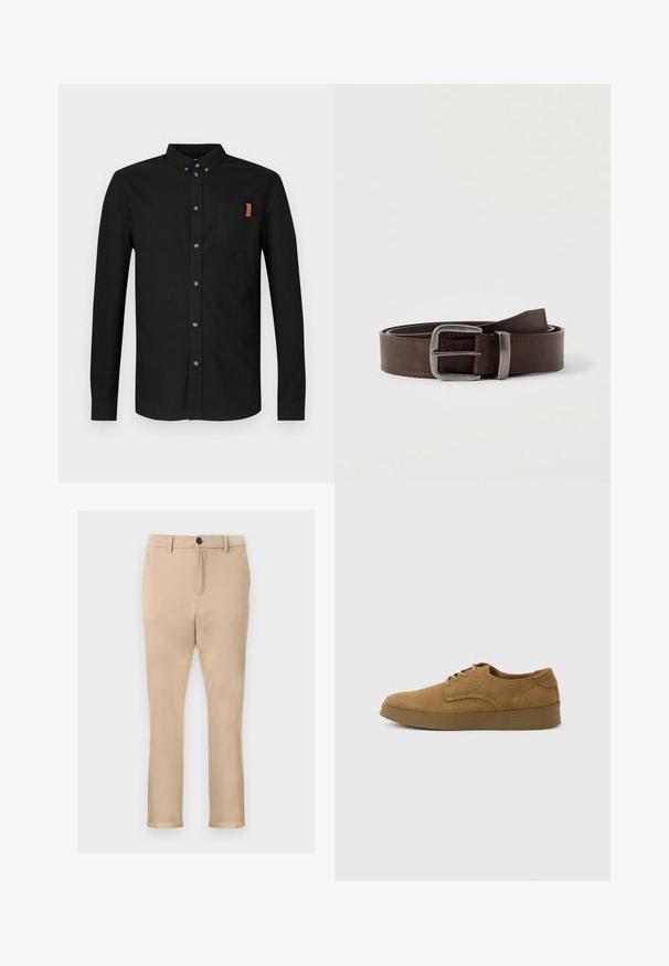 Chemise noire à manches longues en coton, avec une patte de boutonnage sur le devant, une poche poitrine avec un accent beige, et des boutons bleus.; Chinos beiges en tissu lisse, avec une coupe droite, des poches avant, et une fermeture à un seul bouton noir à la taille.; Chaussure décontractée à lacets en daim marron avec semelle en caoutchouc plate, vue de côté sur un fond clair uni.; Ceinture en cuir marron foncé avec une boucle rectangulaire en argent, enroulée et placée sur un fond clair et neutre.