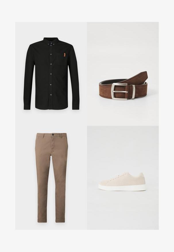Chemise noire à manches longues en coton, avec une patte de boutonnage sur le devant, une poche poitrine avec un accent beige, et des boutons bleus.; Pantalon marron ajusté pour homme avec fermeture à boutons et zip sur le devant, passants de ceinture et poches latérales, présenté à plat sur fond blanc.; Baskets en daim beige avec semelles en caoutchouc blanc, bout rond et six œillets pour les lacets. Texture lisse avec un design minimaliste.; Ceinture en suède marron avec une boucle en métal argenté et des détails de coutures linéaires. La ceinture est plate et a une largeur et une forme classiques.