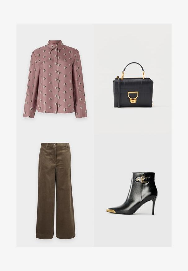 Chemise boutonnée en tissu rose doux, ornée d'un motif géométrique de diamants et de triangles en gris doux et noir. Manches longues, col classique.; Pantalons en velours côtelé marron à jambes larges avec des côtes verticales, dotés d'une fermeture à bouton à l'avant et d'une taille standard. Texture lisse, design décontracté.; Bottine noire en cuir brillant, avec un bout pointu, un talon aiguille, et des accessoires dorés ornés d'une boucle décorative.; Sac à main en cuir noir avec des nervures verticales, une quincaillerie dorée, une poignée supérieure, une bandoulière détachable et un détail de fermeture avant proéminent.