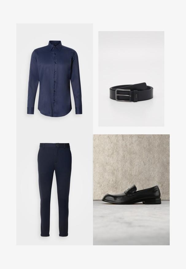 Marineblaues langärmliges Herrenhemd mit spitzem Kragen und vorderem Knopfverschluss, auf einem einfarbigen weißen Hintergrund präsentiert.; Marineblaue Hose aus weichem Stoff, mit Knopfverschluss, Gürtelschlaufen und umgeschlagenen Säumen. Glatte Textur mit tailliertem Design.; Schwarzer Leder-Loafer mit Metallakzent, der schwebend über einem beigen Teppich präsentiert wird, im Hintergrund ein runder, bernsteinfarbener Tisch.; Schwarzer Ledergürtel mit schlankem Design, silberner Metallschnalle und glatter Oberfläche. Logodetail in der Nähe der Schnalle.