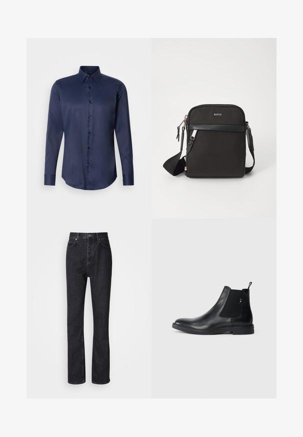 Navyblauwe herenoverhemd met lange mouwen, puntige kraag en knoopsluiting aan de voorkant, weergegeven op een eenvoudige witte achtergrond.; Hoge taille zwarte denim jeans met een knoop- en ritssluiting, voor- en achterzakken en een rechte pasvorm.; Zwarte leren Chelsea-boots met elastische zijpanelen, een treklipje en een vlakke rubberen zool. Gladde textuur met minimale details.; Zwarte schoudertas van textuurstof, met logo aan de voorkant, ritssluiting en verstelbare schouderband. Voorzien van een gladde leren rand.