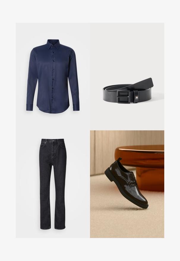 Navyblauwe herenoverhemd met lange mouwen, puntige kraag en knoopsluiting aan de voorkant, weergegeven op een eenvoudige witte achtergrond.; Hoge taille zwarte denim jeans met een knoop- en ritssluiting, voor- en achterzakken en een rechte pasvorm.; Zwarte glanzende leren veterschoen zwevend boven een beige tapijt met een glanzende bruine ronde tafel op de achtergrond.; Zwarte leren riem met matte zwarte metalen gesp, licht opgerold met het uiteinde van de band rustend op een wit oppervlak.
