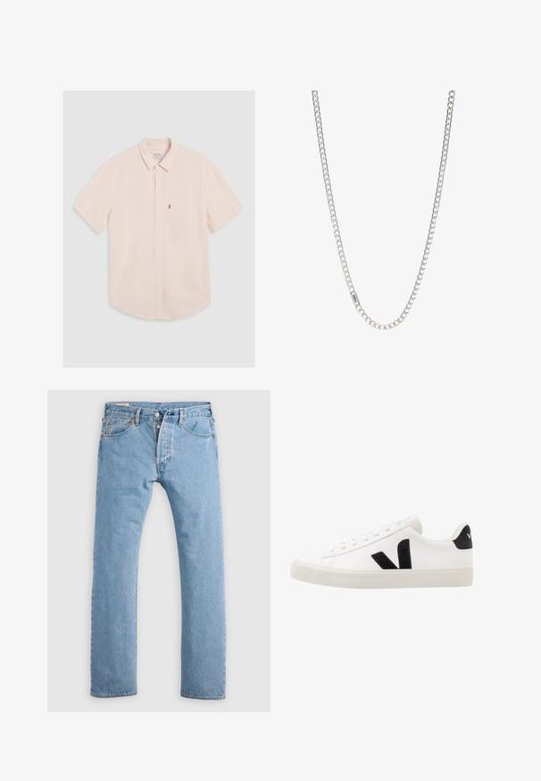 Kurzärmliges, hellrosa Hemd mit Knopfleiste und Kragen, linke Brusttasche und abgerundetem Saum. Aus weichem Stoff mit minimaler Struktur.; Hellblaue gerade geschnittene Jeans aus Denim mit Knopfverschluss, Gürtelschlaufen sowie Vorder- und Hintertaschen, auf einem weißen Hintergrund präsentiert.; Weiße Leder-Sneaker mit schwarzen Wildlederelementen; verfügen über eine Gummisohle, eine runde Spitze und ein klassisches Schnürdesign. Seitliches Logo in Schwarz.; Silberne Kettenhalskette mit ineinandergreifenden Gliedern, glatter Textur und einheitlicher rechteckiger Form. Sicherer Verschluss.