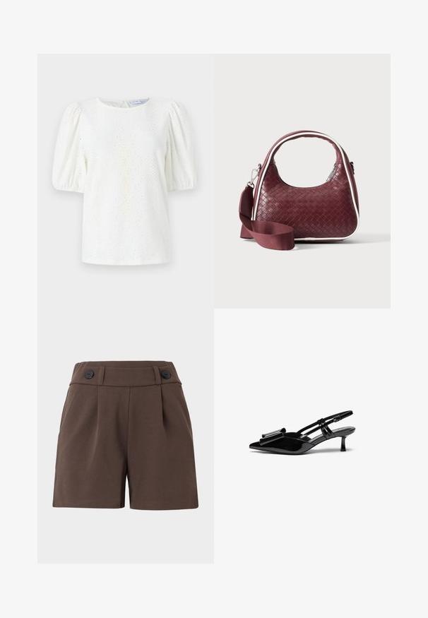 Blouse blanche avec des manches bouffantes, un col rond et un motif en œillets pour la texture. Détail de fermeture par un keyhole au dos ajoutant un élément de design subtil.; Shorts bruns en tissu texturé, avec une taille haute, des plis et deux boutons noirs à l'avant. Conception taillée avec des poches latérales.; Talons aiguilles en cuir verni noir avec un bout pointu, un détail en nœud à l'avant et un petit talon stiletto. Les brides sont équipées de boucles ajustables.; Sac à main en cuir tressé marron foncé avec poignée courbée, garniture blanche, fermeture éclair argentée et bandoulière large en tissu amovible sur fond uni.