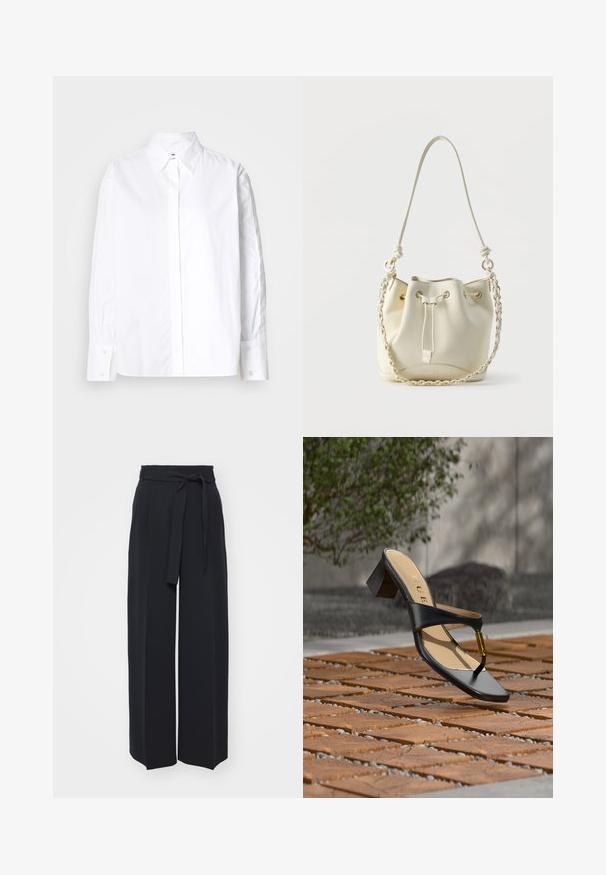 Camisa blanca de botón con cuello clásico, mangas largas y puños abotonados. Fabricada con una tela suave, presenta una tapeta en el centro delantero.; Pantalones negros de pierna ancha hechos de una tela suave. Presentan una cintura con cinturón y pliegues en la parte delantera. Textura suave con un diseño limpio y contemporáneo.; Sandalia negra de tacón con lazo para el dedo y acento dorado, colocada sobre una superficie pavimentada de madera y piedra al aire libre cerca de vegetación.; Bolso bombonera de cuero crema con cierre de cordón, cadena trenzada y correa de cuero para el hombro, y ojales en tono dorado.