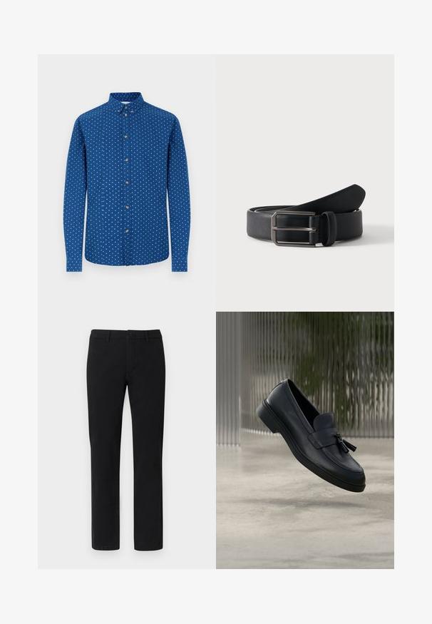 Chemise à manches longues avec boutons, en tissu bleu orné de motifs carrés blancs, dotée d'un col classique et de boutons métalliques sur le devant.; Chinos noirs à coupe droite, fabriqués en mélange de coton lisse, avec passants pour ceinture et fermeture avant par bouton.; Mocassins en cuir noir avec une texture lisse, un bout arrondi et des pampilles décoratives à l'avant. Semelle en caoutchouc flexible avec un petit talon.; Ceinture en cuir noir roulée avec une boucle métallique argentée rectangulaire sur un fond clair uni.