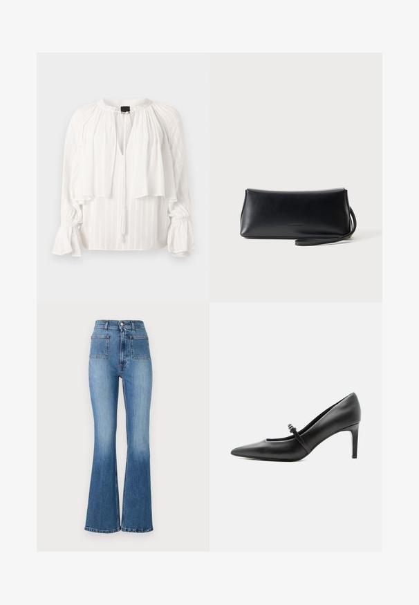 Blouse blanche avec un design plissé, en V, et un devant superposé. Présente des manches longues bouffantes avec des poignets froncés et un détail de lien à pompon.; Jean en denim bleu évasé avec taille haute, comportant deux poches arrière et un délavage. L'ourlet est cousu avec un design subtil.; Escarpin noir en cuir à bout pointu avec une fine bride et une boucle sur le cou-de-pied, posé sur un fond clair neutre.; Pochette en cuir noir lisse avec une fine lanière de poignet, forme rectangulaire, et logo embossé subtil centré sur le devant.