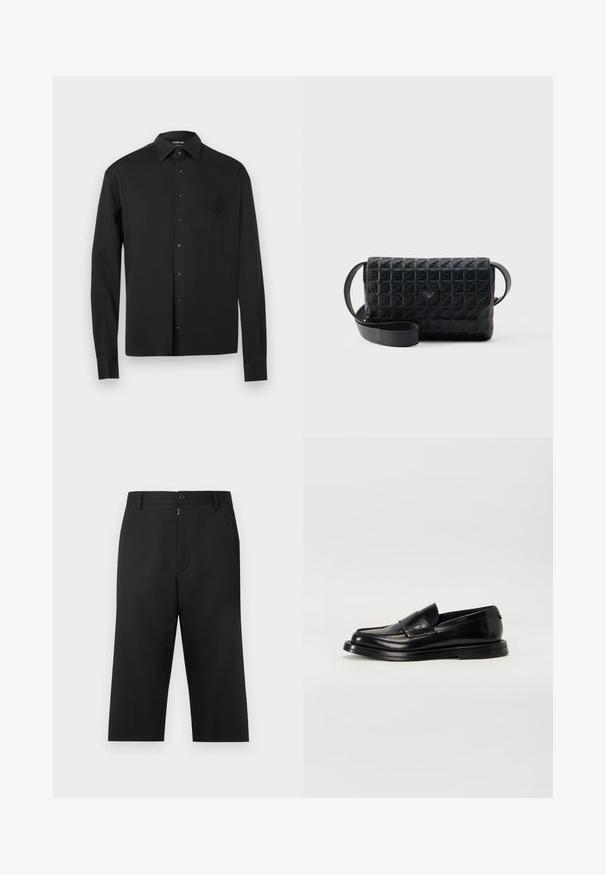 Chemise noire à manches longues avec boutons, col pointu et blason brodé subtil sur le côté gauche de la poitrine, présentée sur un fond blanc.; Pantalon noir court en tissu lisse, avec fermeture éclair et bouton à l'avant, passants pour ceinture et poches latérales.; The Antipode COLLEGE - Mocassins - black; Sac bandoulière noir texturé avec une fermeture à rabat et un petit logo en métal sur le devant, présenté sur un fond uni.