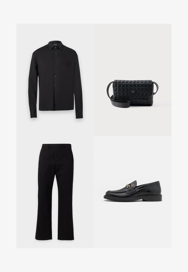 Chemise noire à manches longues avec boutons, col pointu et blason brodé subtil sur le côté gauche de la poitrine, présentée sur un fond blanc.; Pantalon noir à jambes droites avec fermeture par bouton et zip à l'avant, passants de ceinture et design simple, présenté sur un fond blanc uni.; Mocassins en cuir noir avec un embout rond, présentant des accents en métal doré et des détails de couture, montés sur une semelle en caoutchouc texturé et basse.; Sac bandoulière noir texturé avec une fermeture à rabat et un petit logo en métal sur le devant, présenté sur un fond uni.
