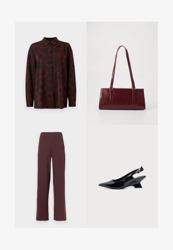 Blusa de manga larga en marrón oscuro con estampado de flores de amapola. Presenta un cierre de botones en la parte frontal y un cuello clásico. Textura de tela suave.; Pantalones de pierna ancha burdeos hechos de tejido suave, con una cinturilla alta y bolsillos laterales. Textura suave con una silueta recta.; Zapato slingback de cuero charol negro con puntera puntiaguda y tacón bajo en bloque inclinado sobre fondo claro liso.; Bolso burdeos hecho de material brillante, de forma rectangular, con dos asas para el hombro y sutiles acentos curvados en la parte frontal.