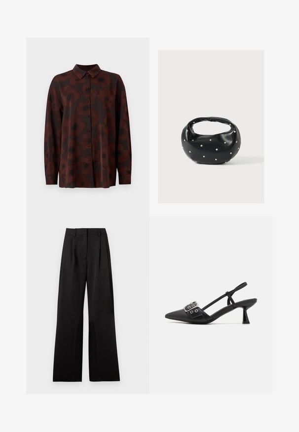 Blusa de manga larga en marrón oscuro con estampado de flores de amapola. Presenta un cierre de botones en la parte frontal y un cuello clásico. Textura de tela suave.; Pantalones de pierna ancha en negro, con una textura suave, que presentan pliegues frontales, una cinturilla plana y presillas para cinturón. Diseño simple y ajustado.; Simmi London DALA - Tacones - black; Bolso de mano de cuero negro con forma redondeada, decorado con detalles de tachuelas plateadas y un asa corta. Textura lisa y cierre con cremallera.