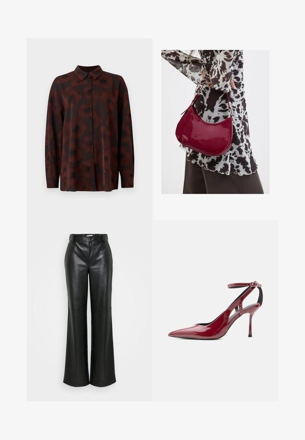 Blusa de manga larga en marrón oscuro con estampado de flores de amapola. Presenta un cierre de botones en la parte frontal y un cuello clásico. Textura de tela suave.; ONLY Tall ONLSMOOTH WIDE - Pantalones - black; Zapato de tacón alto de charol rojo con punta puntiaguda, con correa en el tobillo y hebilla, visto de perfil sobre fondo blanco.; Mujer con blusa de estampado en blanco y negro sosteniendo un bolso de hombro rojo brillante sobre un fondo liso.