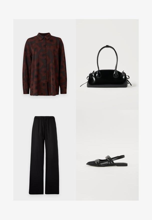 Blusa de manga larga en marrón oscuro con estampado de flores de amapola. Presenta un cierre de botones en la parte frontal y un cuello clásico. Textura de tela suave.; Pantalones negros de pierna ancha con cintura elástica y cordón, mostrados planos sobre un fondo gris claro.; Even&Odd Bailarinas con tira trasera - black; Pequeño bolso negro brillante con dos asas largas y detalles de cordón lateral sobre un fondo claro liso.