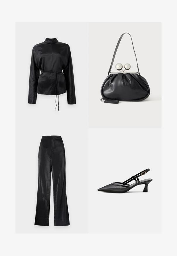 Chemise longue à manches longues en satin noir avec un col haut, taille cintrée et détail de cordon de serrage ajustable. Texture lisse avec une finition élégante.; Pantalons larges noirs avec une texture lisse et brillante et un design épuré et minimal. Présente une taille haute et une coupe droite au bas.; Chaussure slingback noire à bout pointu avec tige en mesh, fines brides, boucle dorée et petit talon incurvé sur fond blanc.; Sac à main en cuir noir avec un design plissé, une sangle unique, un cadre métallique argenté et deux grandes fermoirs ronds en argent.