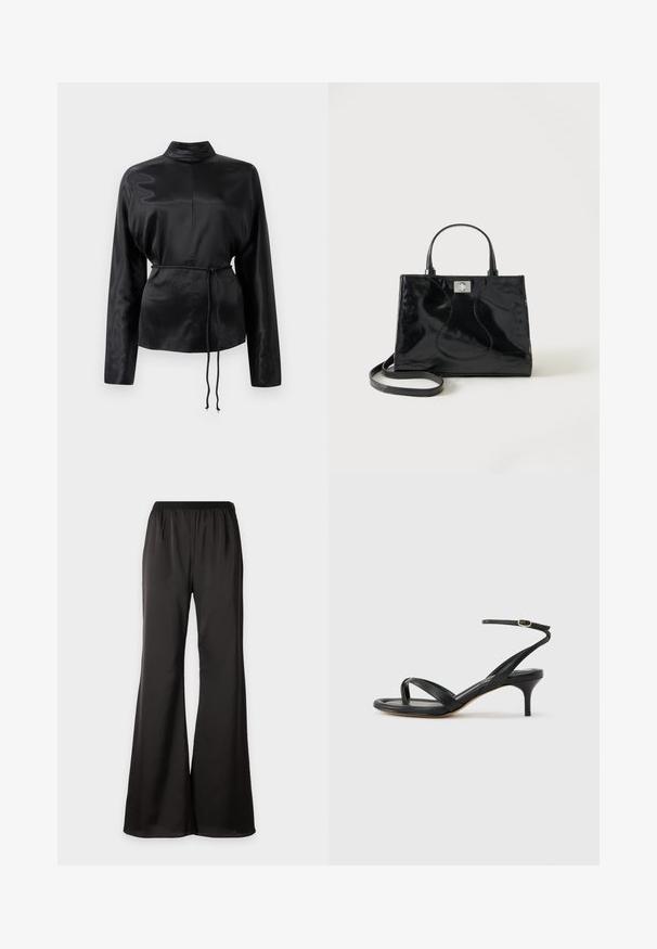 Chemise longue à manches longues en satin noir avec un col haut, taille cintrée et détail de cordon de serrage ajustable. Texture lisse avec une finition élégante.; Pantalon noir à jambes larges avec taille élastique, en tissu lisse et fluide, présenté sur un fond blanc uni.; Sandale pour femme en cuir noir avec fines lanières, une boucle d'orteil, une boucle à la cheville et un talon aiguille de hauteur moyenne sur un fond neutre.; Sac à main en cuir verni noir avec poignées arrondies, bandoulière détachable et fermeture à boucle argentée sur fond blanc uni.