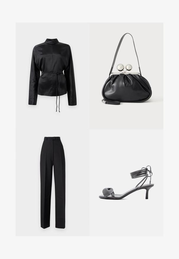 Chemise longue à manches longues en satin noir avec un col haut, taille cintrée et détail de cordon de serrage ajustable. Texture lisse avec une finition élégante.; Pantalons taille haute noirs avec des plis, dotés d'un design ajusté et de jambes droites. Fabriqués dans un tissu lisse, avec un minimum de détails.; Sandale à talon en cuir gris avec une bride nouée sur les orteils et des lacets enroulants autour de la cheville, sur un talon moyen et fin, sur fond blanc.; Sac à main en cuir noir avec un design plissé, une sangle unique, un cadre métallique argenté et deux grandes fermoirs ronds en argent.