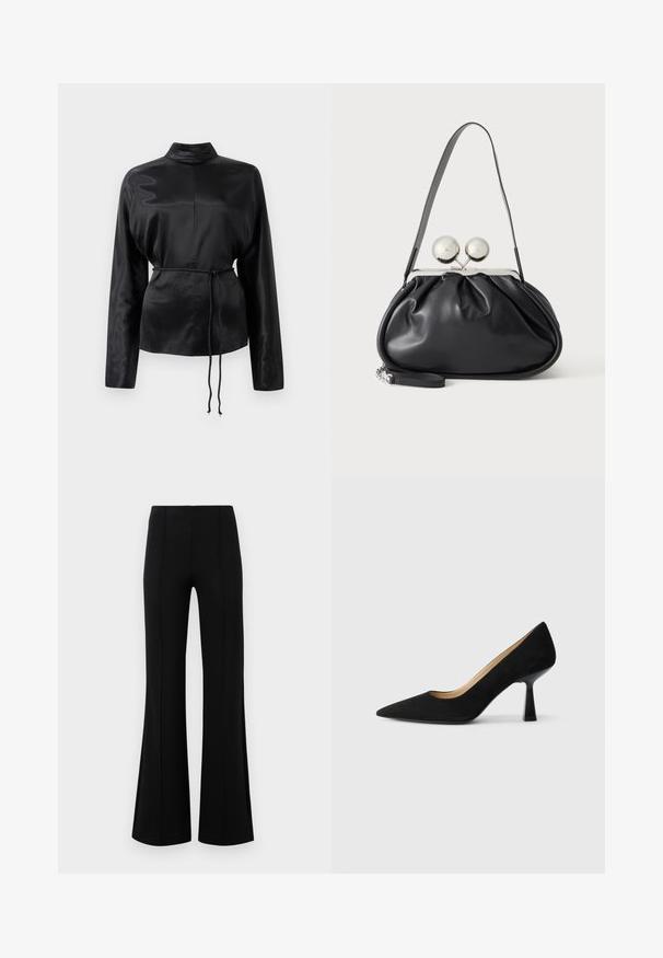 Chemise longue à manches longues en satin noir avec un col haut, taille cintrée et détail de cordon de serrage ajustable. Texture lisse avec une finition élégante.; Pantalons évasés noirs avec une taille haute, fabriqués en tissu extensible. Présente des détails de couture verticaux sur le devant et une texture lisse.; Pompe à talons hauts en suède noir avec un bout pointu, dotée d'un talon bloc noir brillant et d'une doublure intérieure lisse.; Sac à main en cuir noir avec un design plissé, une sangle unique, un cadre métallique argenté et deux grandes fermoirs ronds en argent.