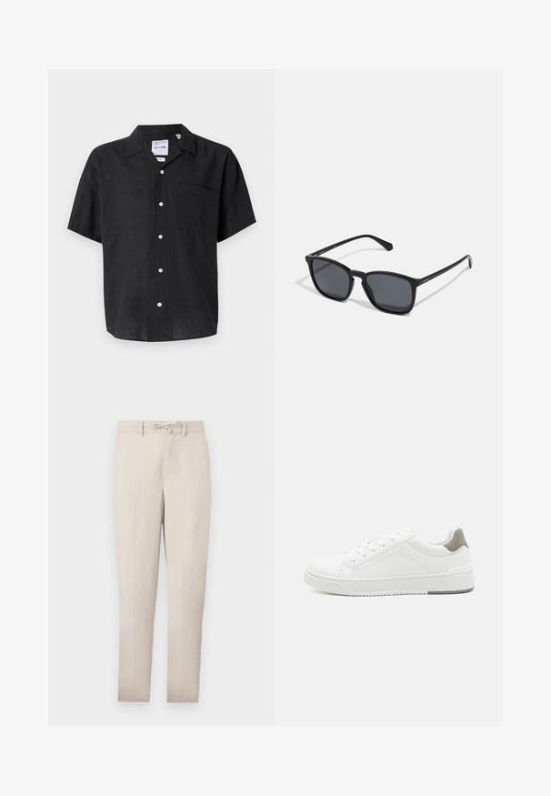 Chemise noire à manches courtes, boutonnée, fabriquée enlin. Elle présente une poche sur la poitrine gauche et des boutons blancs qui contrastent avec la texture du tissu.; Pantalons taper beige légers avec taille à cordon, devant plat et peu de plis. Comprend des passants de ceinture et des poches latérales.; Basket blanche en cuir lisse, à bout arrondi, design minimaliste, accent de talon gris et semelle en caoutchouc texturé.; Lunettes de soleil noires rectangulaires avec des verres foncés, des montures en plastique élégantes et des branches droites. Présente un logo discret sur le côté.
