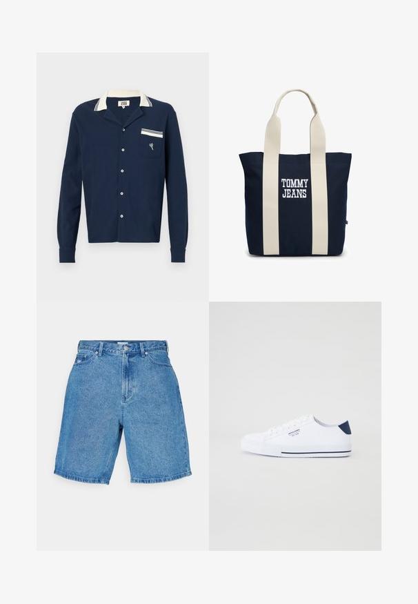 Marineblå skjorte med knapper lavet af et tekstureret stof, en hvid krave og en lomme med et hjerte design og stribede detaljer.; Lysblå denimshorts med en afslappet pasform, der har høj talje, fem lommer og lige skæring ved kanten.; Hvide kanvas sneakers med en marineblå hælaccents, flad gummisål, rund tå og hvide snørebånd. Har logo på siden.; Marineblå skuldertaske med brede cremefarvede håndtag og "TOMMY JEANS" logo broderet i midten foran.