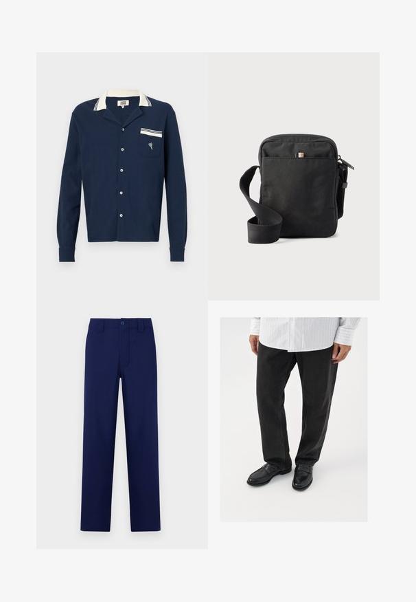 Marineblå skjorte med knapper lavet af et tekstureret stof, en hvid krave og en lomme med et hjerte design og stribede detaljer.; Mørkeblå bukser med knap og lynlås, lige snit, flad front og sidelommer; lavet af glat, let stof.; Sorte denimbukser parret med skinnende sorte loafers. Skjorten er hvid med tynde lodrette striber, har lange ærmer og en knapkrave.; Sort crossbody-taske lavet af tekstureret stof med et lynlåset hovedrum, forlomme og en justerbar vævet rem.