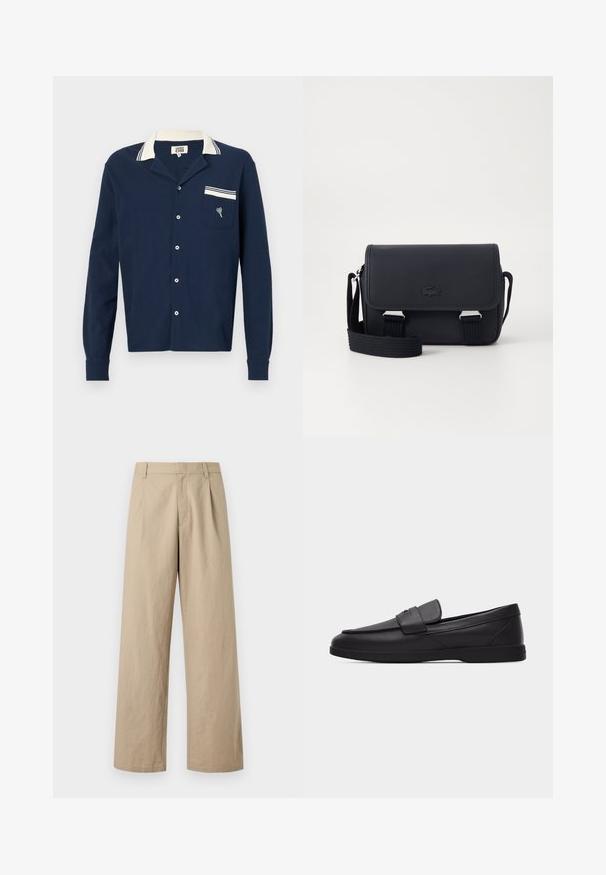 Marine blauwe overhemd met een gestructureerde stof, een witte kraag en een zak met een hartontwerp en gestreepte accent.; Beige wijde broek met riemlussen, rits aan de voorkant en plooien, getoond op een witte achtergrond.; Zwarte leren herenslipper met moc-toe, banddetail bovenop en vlakke rubberen zool, zij-aanzicht op witte achtergrond.; Lacoste CROSSOVER BAG CLASSIC - Schoudertas - noir