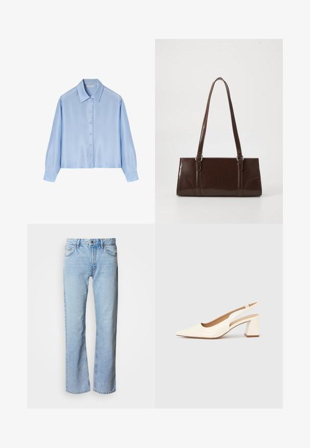Chemise bleu clair en satin à manches longues, avec un devant boutonné, un col classique et des poignets. Texture lisse avec une coupe décontractée.; Jean évasé en denim bleu clair avec une fermeture à bouton et zip, cinq poches et des surpiqûres contrastantes. Texture lisse et coupe décontractée.; Escarpin slingback en cuir verni crème brillant, avec un bout pointu et un talon carré épais pour la stabilité. Design minimaliste, sans ornements.; Sac à main en cuir verni marron de forme rectangulaire, avec deux longues poignées et des accents courbés subtils à l'avant.