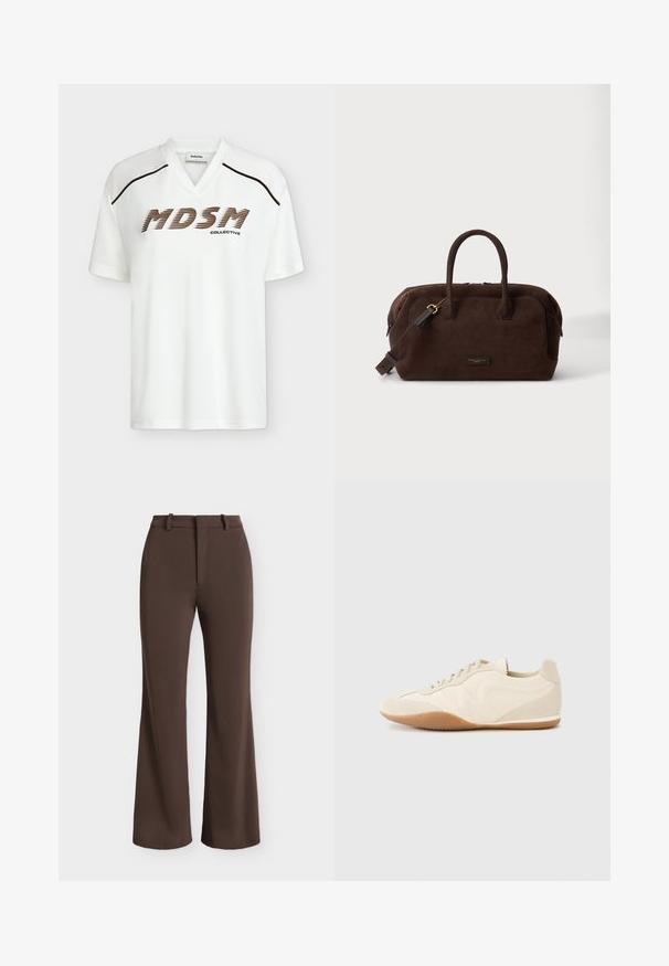 T-shirt blanc à manches courtes avec col en V, passepoil marron sur les épaules, et texte « MDSM Collective » en police marron en gras à l'avant.; Pantalon marron droit avec passants de ceinture et fermeture éclair à l'avant, affiché sur un fond clair.; Baskets beige clair avec une tige en cuir texturé, des panneaux latéraux texturés et une semelle en caoutchouc. Dotées d'un design fin et épuré ainsi que de lacets plats.; Sac à main en daim marron foncé avec double poignée, une bandoulière amovible et une petite plaque rectangulaire avec logo sur le devant.