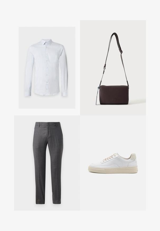 Lyseblå skjorte med lange ærmer, knaplukning foran og spids krave, vist på en ensfarvet hvid baggrund.; Grå uldbukser med glat front, slim fit, subtil tekstur og et klassisk design. Har sidelommer og lynlås.; Hvide sneakers med en glat læderoverdel, beige snørebånd og en tekstureret beige ruskindsheel-tab. Hævet sål for ekstra højde.; Mørkebrun textured læder crossbody taske med justerbar rem og lille dekorativ blå accent på siden.