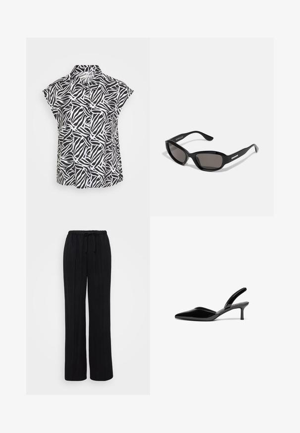 Blusa de manga corta en blanco y negro con un patrón abstracto de cebra fluido, con cuello y cierre de botones en el frente. Textura de tela suave.; Pantalones negros de pierna ancha, hechos de una tela suave con cintura elástica y cordón. Presentan pliegues verticales para un ajuste relajado.; Tacones slingback de charol negro con punta afilada, tacón de aguja bajo y un diseño elegante y simple sin adornos.; Gafas de sol negras con montura rectangular, lentes oscuros, material de plástico suave y un acento metálico en la patilla.