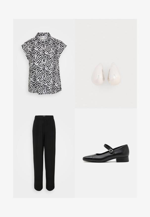 Korting mouwloze zwart-wit blouse met een vloeiende abstracte zebrapatroon, voorzien van een kraag en een sluiting met knopen aan de voorkant. Gladde stoftextuur.; Zwarte broek met een losse pasvorm, elastische tailleband en rechte pijpen. Gemaakt van een gladde stof zonder zichtbare patronen of hardware.; Zwarte leren Mary Jane schoenen met een gepatenteerde neus, verstelbare enkelband en lage blokhak. Een gladde textuur en een elegante uitstraling.; Zilveren metalen druppeloorbellen met een gladde, reflecterende oppervlakte en een druppelvorm, voorzien van een naadloos ontwerp en zonder zichtbare versieringen.