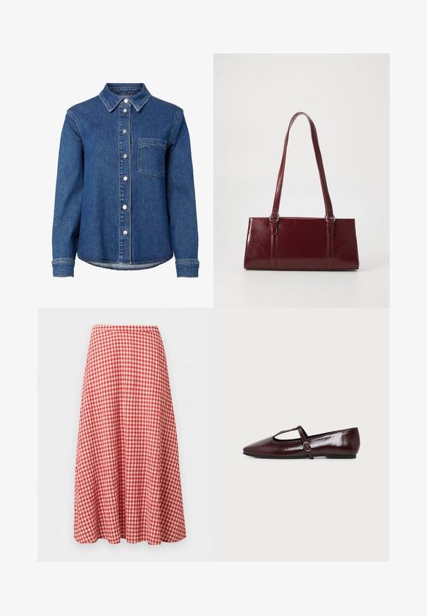 Chemise en denim bleu à manches longues avec boutons sur le devant, une seule poche poitrine à gauche et un col classique.; Jupe midi évasée à carreaux rouges et blancs, taille haute et tissu fluide sur fond uni.; Chaussure plate en cuir bordeaux foncé avec un bout pointu et une fine bride en T avec une boucle argentée sur fond blanc.; Sac à main bordeaux en matériau brillant, de forme rectangulaire, avec deux anses et des accents légèrement courbés à l'avant.