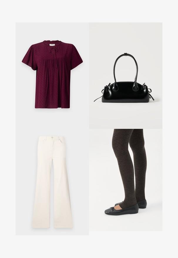 Blouse bourgogne avec des manches courtes bouffantes, tissu texturé avec un subtil motif à pois, devant plissé et détail de col noué.; ONLY Wide-fit ONLMADISON High waist Wide Leg Fit - Wide Leg - ecru; Jambes portant des leggings côtelés foncés associés à des ballerines noires avec de petits détails en nœud sur fond blanc.; Petit sac à main noir brillant avec deux longues anses et des détails à cordon sur les côtés sur un fond clair uni.
