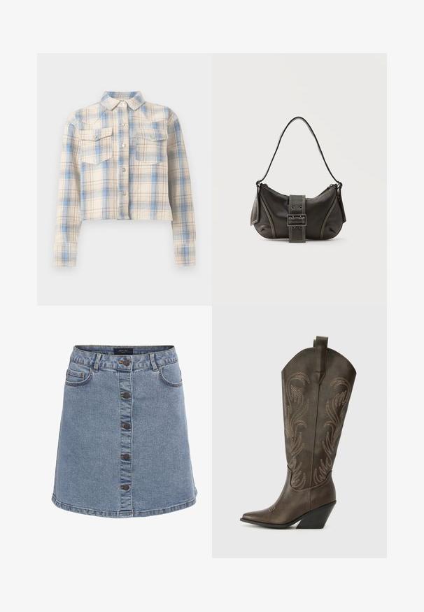 Chemise courte boutonnée avec manches longues et poches à rabat sur la poitrine, présentant un motif à carreaux beige, bleu et marron clair.; Jupe en denim bleu clair avec une coupe évasée, dotée d'une fermeture à boutons à l'avant, de deux poches latérales et de détails de surpiqûre contrastants.; Botte de cowboy en cuir marron avec un embout pointu, un talon compensé et des broderies décoratives. Dispose d'un long tige et d'une languette de tirage.; Sac à épaule en cuir noir avec une sangle à boucle, des bords arrondis et des coutures blanches contrastées sur un fond uni.
