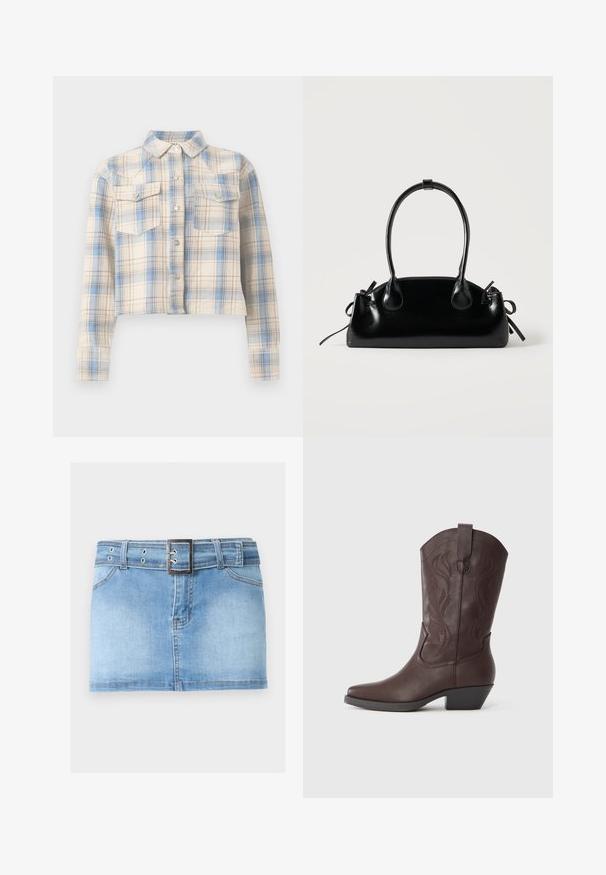 Chemise courte boutonnée avec manches longues et poches à rabat sur la poitrine, présentant un motif à carreaux beige, bleu et marron clair.; Mini-jupe en jean bleu clair avec poches avant, passants pour ceinture et ceinture en jean assortie avec une boucle carrée argentée.; Botte de cowboy en cuir marron avec un bout pointu, des coutures décoratives sur la tige et un talon bas empilé. Texture lisse et design courbé.; Petit sac à main noir brillant avec deux longues anses et des détails à cordon sur les côtés sur un fond clair uni.